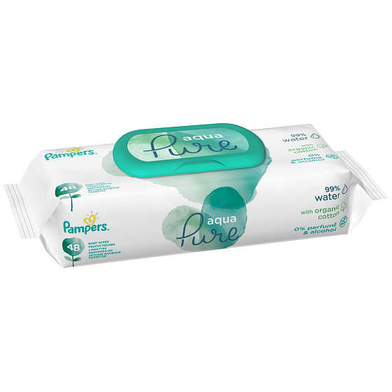 Pampers Pure Aqua Feuchttücher aus Bio-Baumwolle, alkoholfrei und parfümfrei für Kinder, 48 Stück
