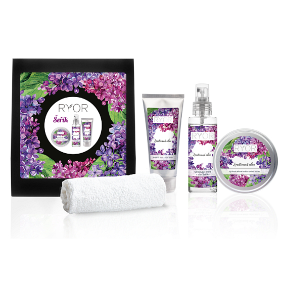 Ryor Flieder Körperbutter 200 ml + Handcreme 100 ml + erfrischender Nebel 100 ml + weiches Frotteetuch 30 x 50 cm, Kosmetikset