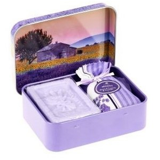 Esprit Provence Lavendel Toilettenseife 60 g + Lavendelduftbeutel + Blechdose mit Sonnenblumenbild, Kosmetikset