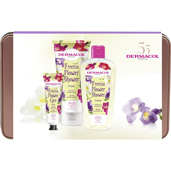 Dermacol Freesia Flower Shower Duschöl 200 ml + Duschcreme 200 ml + Handcreme 30 ml + Dose, Kosmetikset