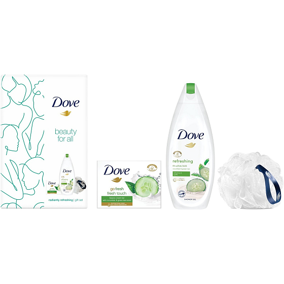Dove Beauty For All Fresh Refreshing Duschgel 250 ml + Go Fresh Toilettenseife 100 g + Waschschwamm, Kosmetikset für Frauen