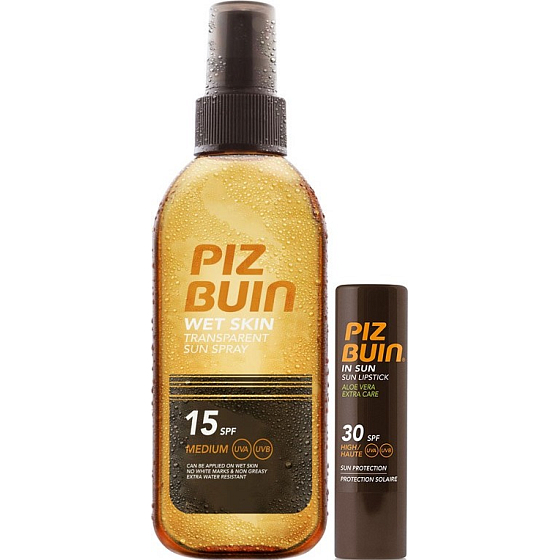 Piz Buin Wet Skin SPF15 transparentes Sonnenspray 150 ml + SPF30 Lippenbalsam 4,9 g, Duopack