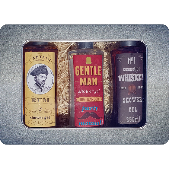 Bohemia Gifts Gentleman Duschgel für Männer 250 ml + Whisky Duschgel für Männer 250 ml + Rum Duschgel für Männer 250 ml, Blechdose Kosmetikset
