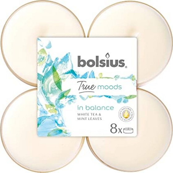 Bolsius True Moods In Balance Weißer Tee & Minzblätter - Weißer Tee und Minzblätter Maxi-Teelichter 8 Stück, Brenndauer 8 Stunden
