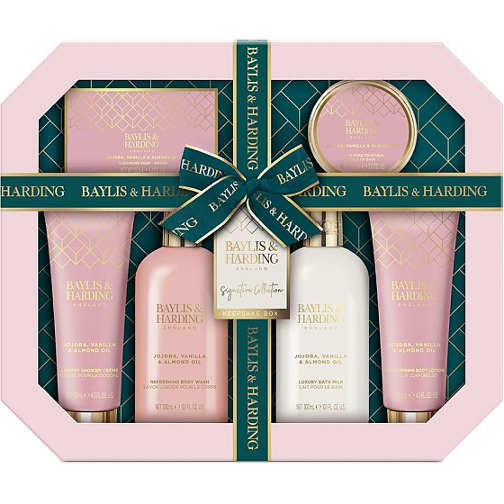 Baylis & Harding Jojoba, Vanille & Mandelöl Reinigungsgel 300 ml + Bademilch 300 ml + Toilettenseife 150 g + Duschcreme 130 ml + Körperlotion 130 ml + Badesalz 100 g, Kosmetikset für Damen