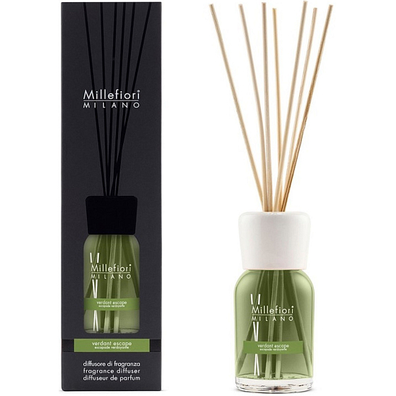 Millefiori Natural Verdant Escape - Flucht ins Grüne Diffusor 250 ml + 8 Stäbchen mit einer Länge von 30 cm für kleinere Räume hält 90 Tage