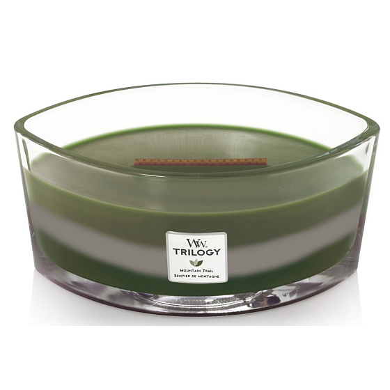 WoodWick Trilogy Mountain Trail - Duftkerze mit breitem Holzdocht und Deckel 453 g