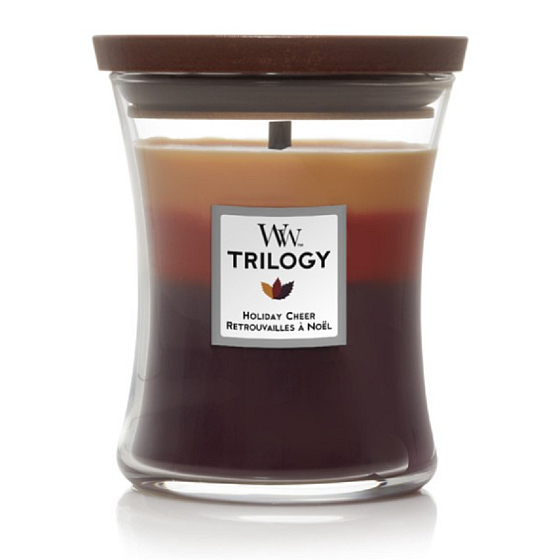 WoodWick Trilogy Holiday Cheer - Duftkerze mit Weihnachtsdocht und Holzdocht und Deckelglas Medium 275 g