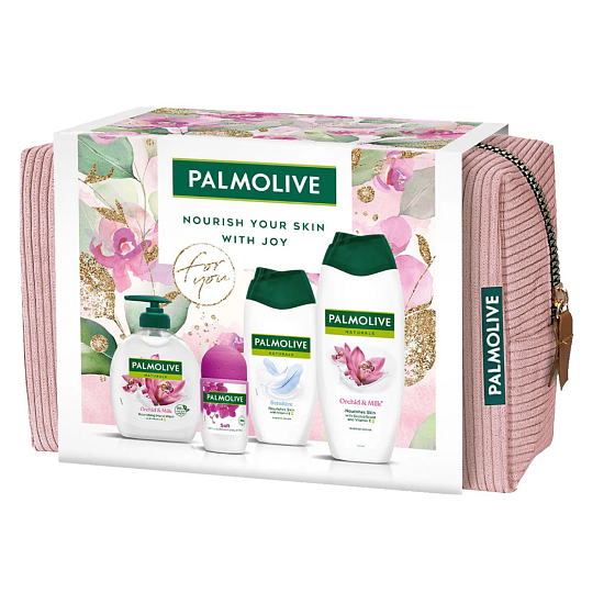 Palmolive Natural Orchid & Milk Duschgel 500 ml + Natural Sensitive Duschgel 250 ml + Luxurious Softness Antitranspirant Roll-on 50 ml + Natural Orchid & Milk Flüssigseife 300 ml + Kosmetiktasche, Kosmetikset für Frauen