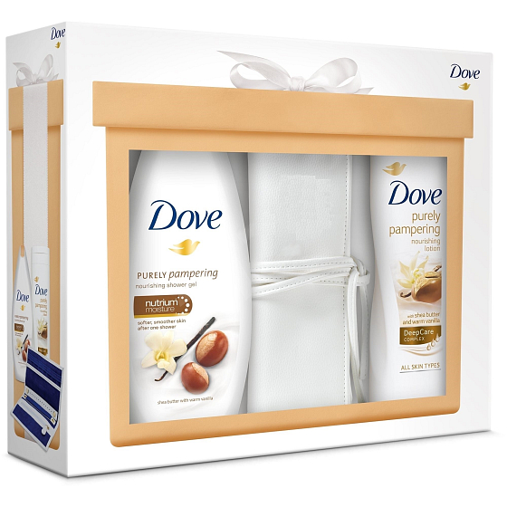 Dove rein verwöhnende Sheabutter und Vanille pflegendes Duschgel 250 ml + rein verwöhnende Körperlotion mit Sheabutter und mildem Vanille-Duft 250 ml + Schmucketui, Kosmetikset