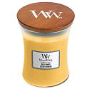 WoodWick Oat Flower - Haferblumenduftkerze mit Holzdocht und Glasdeckel Medium 275 g