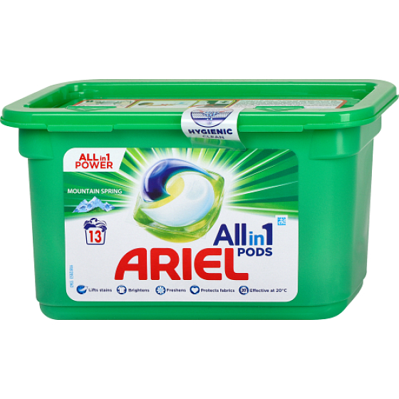 Ariel All in 1 Pods Mountain Spring Gelkapseln zum Waschen von weißer und leichter Wäsche 13 Stück 327,6 g