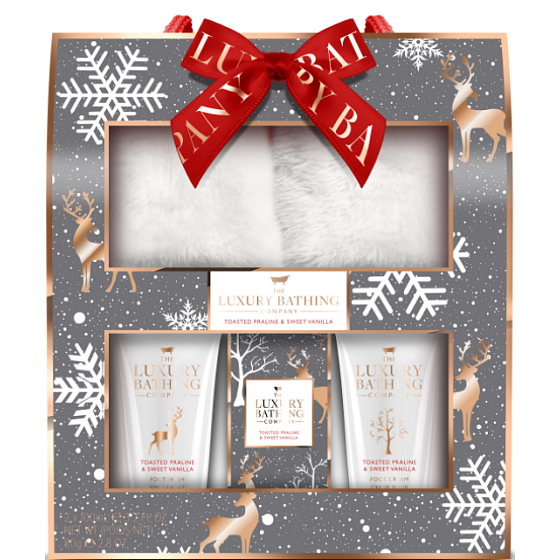 Grace Cole Toasted Praline & Sweet Vanilla Slipper 1 Paar + Fußreinigungsgel 100 ml + Fußcreme 100 ml + Badesalz 80 g, Kosmetikset für Damen