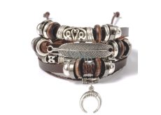 Mehrschichtiges Lederarmband, Feder + Mondsichel-Symbol, größenverstellbar