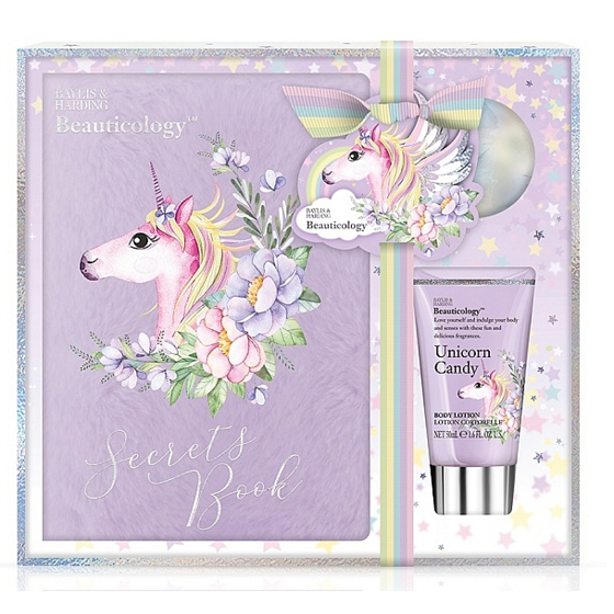 Baylis & Harding Unicorn Bodylotion 50 ml + Sparkling Bath Ball 75 g + Tagebuch mit Schloss mit Einhornmotiv
