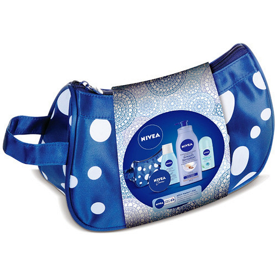 Nivea Energy Fresh Ball Antitranspirant 50 ml + extra sanfter Augen Make-up Entferner 125 ml + Smooth Sensation cremige Körperlotion für trockene Haut 400 ml + Intensivcreme 30 ml Kosmetiktasche, für Frauen Kosmetikset
