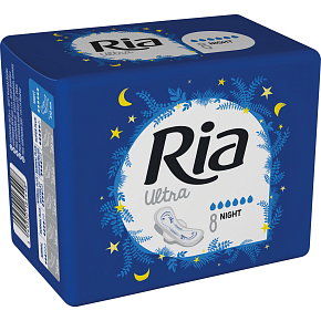 Ria Ultra Night Nachthygienepads mit Flügeln 8 Stück Ria Ultra Night Nachthygienepads mit Flügeln 8 Stück