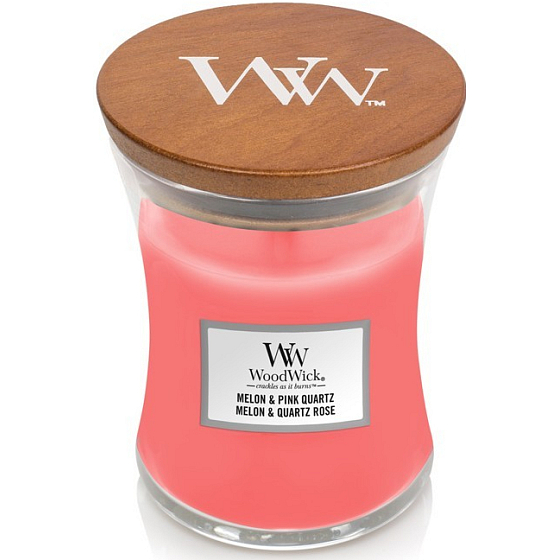 WoodWick Melon & Pink Quartz - Duftkerze mit Wassermelone und rosa Quarz mit Holzdocht und Deckelglas Medium 275 g