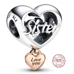 Sterling Silber 925 Herz und Inschrift Ich liebe dich Schwester - Love you Sister, Perle für Armband Familie