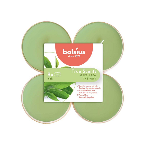 Bolsius Aromatisch 2.0 Grüner Tee - Grüner Tee maxi duftende Teelichtkerzen 8 Stück, Brenndauer 8 Stunden
