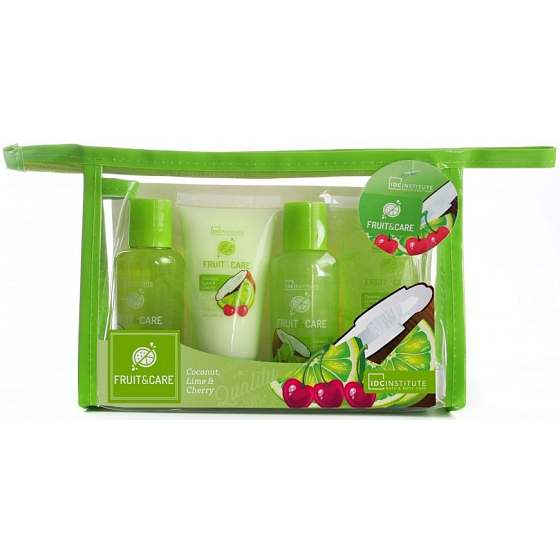 Idc Institute Fruit & Care Coconut, Lime & Cherry Reiseset Duschgel 70 ml + Shampoo 70 ml + Bodylotion 50 ml + Peeling 50 ml + Etui, Kosmetikset