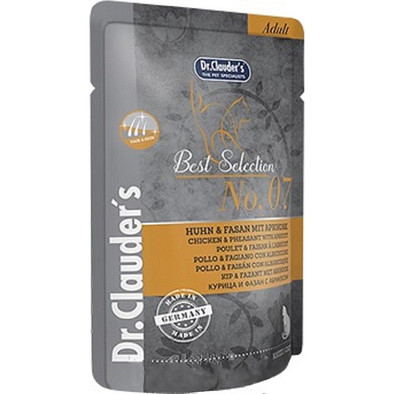 DR. Clauders Beste Auswahl Nr. 7 Huhn, Fasan mit Aprikosen komplettes Futter mit Fleischstücken für Katzen Tasche 85 g