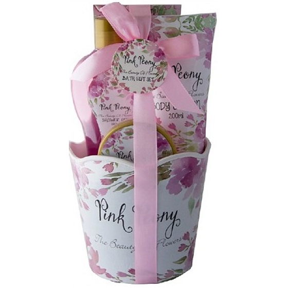 Salsa Collection Pink Peony Duschgel 260 ml + Körperlotion 200 ml + Körperpeeling 50 ml + Badesalz 100 g, Kosmetikset runder Blumentopf
