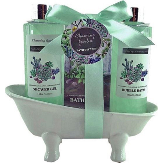 Salsa Collection Marakuja und Grep Duschgel 140 ml + Creme Badeschaum 140 ml + Badesalz 50 g, Kosmetikset in einer grünen Wanne