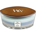 WoodWick Trilogy Woven Comforts - Warme Komfort-Duftkerze mit breitem Holzdocht und Deckel Glasboot 453 g