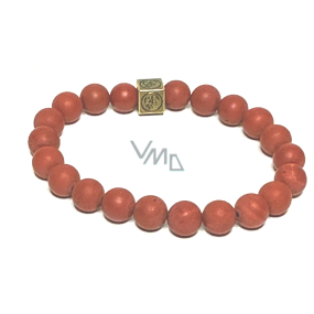 Jaspis rot matt mit königlichem Mantra Ohm-Armband elastischer Naturstein, Kugel 8 mm / 16-17 cm, Vollpflegestein