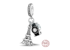 Sterling Silber 925 Paris Eiffelturm + Kamera, Grüße aus Frankreich, 2in1 Reisearmband Anhänger
