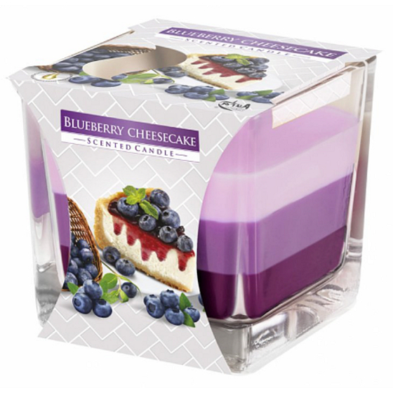 Emocio Blueberry Cheescake - Blueberry Cheesecake dreifarbige Duftkerze Glasprisma 80 x 80 mm, Brenndauer bis zu 32 Stunden