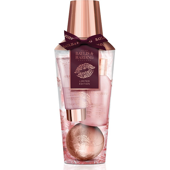Baylis & Harding Cranberry Martini Duschgel 100 ml + Körperlotion 30 ml + prickelndes ballistisches Bad 100 g, Kosmetikset