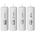 Emocio Advent Geschenk mit Zahlen Silberdruck Kerze weiß Zylinder 40 x 120 mm 4 Stück