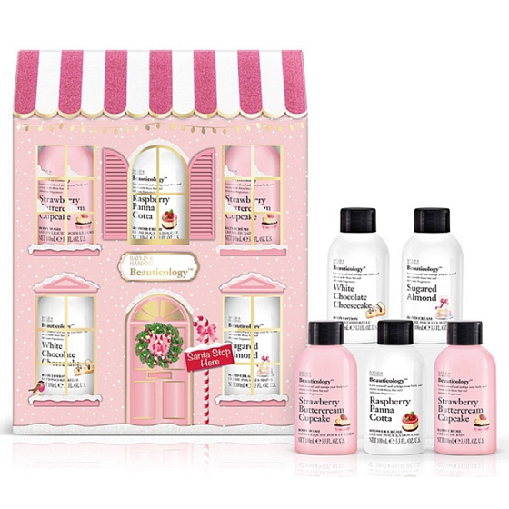Baylis & Harding Erdbeer Cupcake flüssige Körperseife 100 ml + Himbeer Panna Cotta Duschcreme 100 ml + Erdbeer Cupcake Badecreme 100 ml + Weiße Schokolade Käsekuchen Körperlotion 100 ml + Zucker Mandel Handcreme 100 ml Pink Collection osmetisches Körperpflegeset