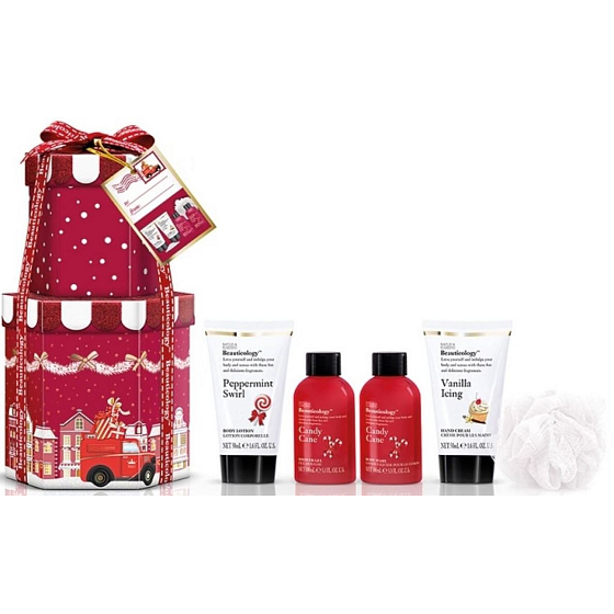 Baylis & Harding Red Collection Süßes Stück Seife 100 ml + Süßes Stück Duschgel 100 ml + Pfefferminzwirbelkörperlotion 50 ml + Vanillecreme 50 ml + Süßes Stück Badekristalle 25 g + Massageschwamm, Kosmetikset