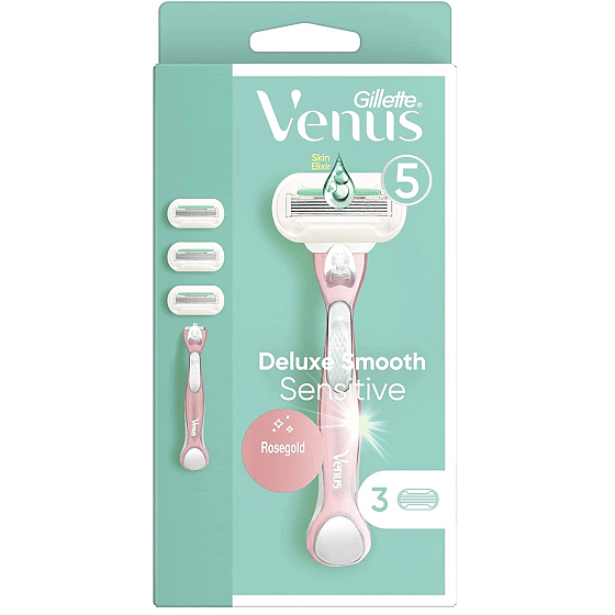 Gillette Venus Sensitive Rose Gold Rasierer mit Metallgriff + 3 Ersatzklingen für Frauen