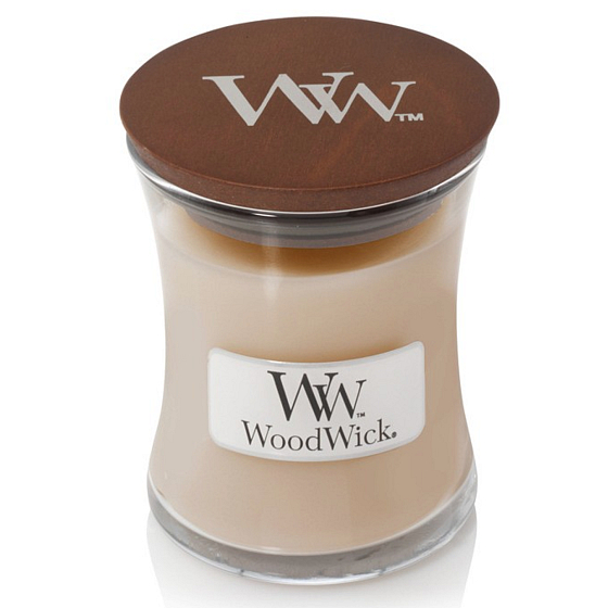WoodWick White Honey - Weiße Honigduftkerze mit Holzdocht und Glasdeckel klein 85 g