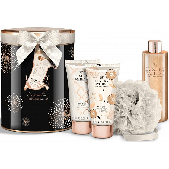 Grace Cole The Body Edit Badeschaum 250 ml + Körperlotion 150 ml + Duschgel 150 ml + Körperschwamm, Kosmetikset in einer Blechdose