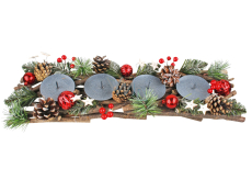 Weihnachtskerzenhalter aus Holz für 4 Kerzen mit roten Accessoires und Tannenzapfen 51 cm