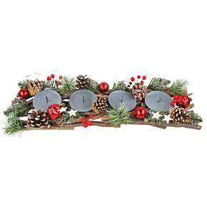Weihnachtskerzenhalter aus Holz für 4 Kerzen mit roten Accessoires und Tannenzapfen 51 cm