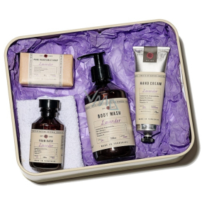 Fikkerts Lavendel Flüssigseife für Körper und Hände, 300 ml + intensive feuchtigkeitsspendende Hand- und Nagelcreme 75 ml + Badeschaum 100 ml + feuchtigkeitsspendende Seife 85 g + 100% Baumwolle Flanell Handtuch Geschenkset in Dose