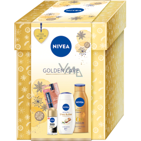 Nivea Golden Care Black & White Silky Smooth Antitranspirant 50 ml + Shea Butter Duschgel 250 ml + Q10 straffende getönte Körperlotion 400 ml + Labello Caring Beauty color Lippenbalsam Nude 5,5 ml, Kosmetikset für Frauen