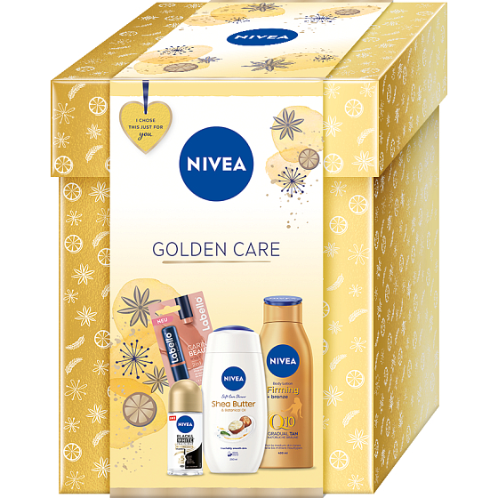 Nivea Golden Care Black & White Silky Smooth Antitranspirant 50 ml + Shea Butter Duschgel 250 ml + Q10 straffende getönte Körperlotion 400 ml + Labello Caring Beauty color Lippenbalsam Nude 5,5 ml, Kosmetikset für Frauen