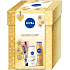Nivea Golden Care Black & White Silky Smooth Antitranspirant 50 ml + Shea Butter Duschgel 250 ml + Q10 straffende getönte Körperlotion 400 ml + Labello Caring Beauty color Lippenbalsam Nude 5,5 ml, Kosmetikset für Frauen