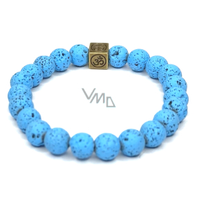 Lava hellblau mit königlichem Mantra Om, Armband elastisch Naturstein, Kugel 8 mm / 16-17 cm, geboren von den vier Elementen