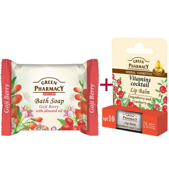 Green Pharmacy Vitamins Cocktail - Preiselbeer-Vitamine und Jojobaöl-Lippenbalsam 2 x 3,6 g + Vanille und Mandelöl-Toilettenseife 100 g, Kosmetikset