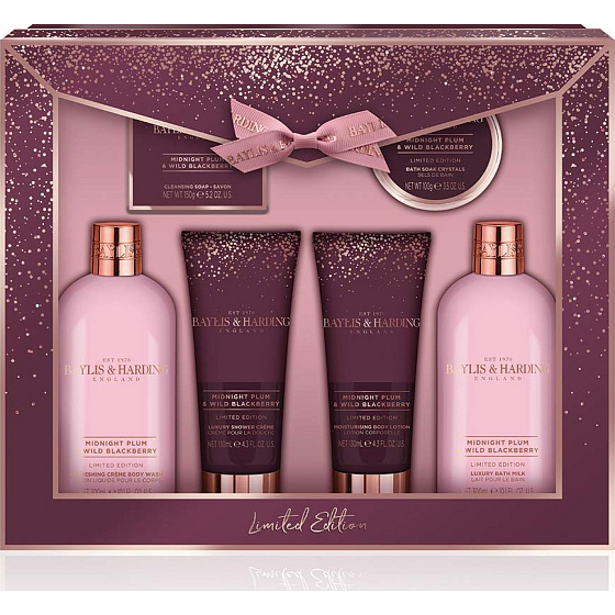Baylis & Harding Midnight Plum und Wild Blackberry Reinigungsgel 300 ml + Bademilch 300 ml + Toilettenseife 150 g + Duschcreme 130 ml + Körperlotion 130 ml + Badesalz 100 g, Kosmetikset