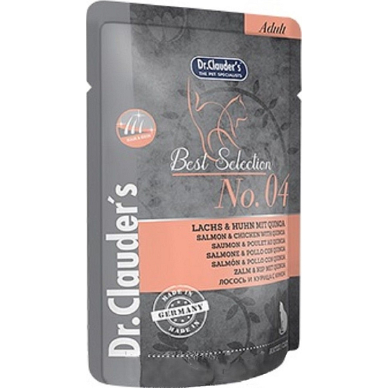 DR. Clauders Beste Auswahl Nr. 4 Hähnchen-, Lachs- und Quinoa-Komplettfutter mit Fleischstücken für Katzentaschen 85 g