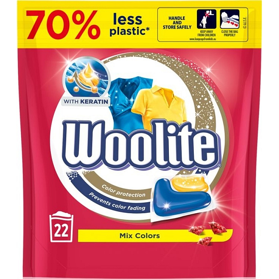 Woolite Mix Colors Keratin Universalkapseln zum Waschen farbiger Wäsche, zum Schutz vor Formverlust und zur Aufrechterhaltung der Farbintensität 22 Stück